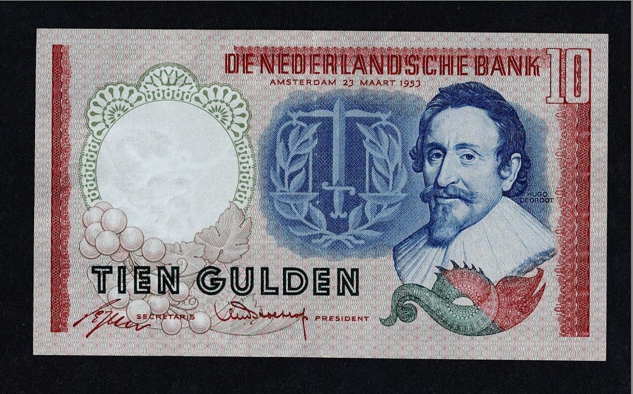 NETHERLANDS 10 GULDEN 1953 P-85a XF++ NICE PRESERVATION CONDITION Hugo De Groot