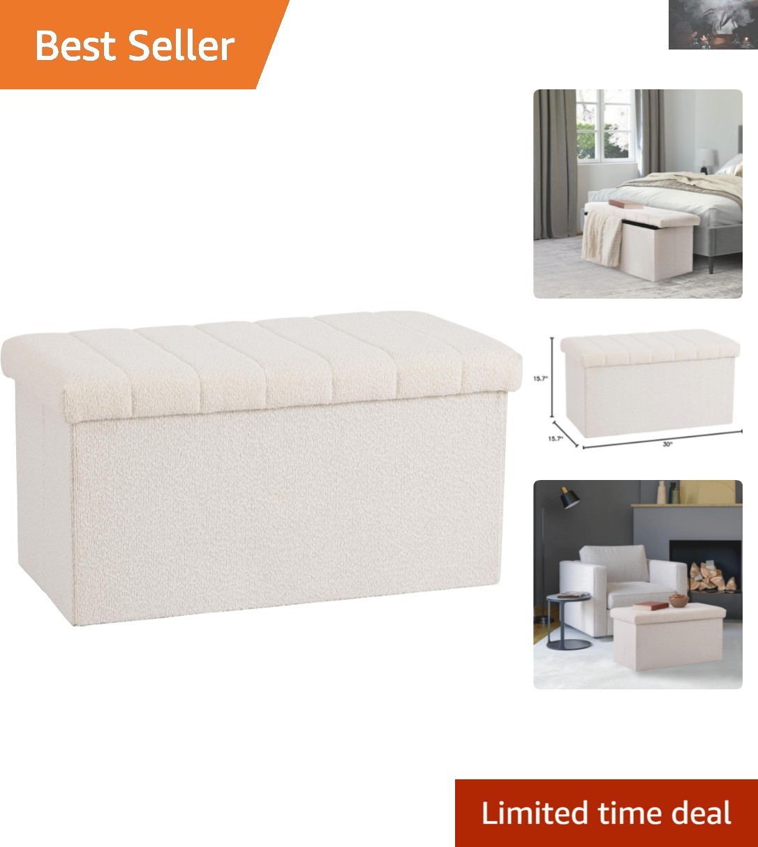 Space-Saving White Boucle Storage Bench - Elegant Ottoman for Home Decor