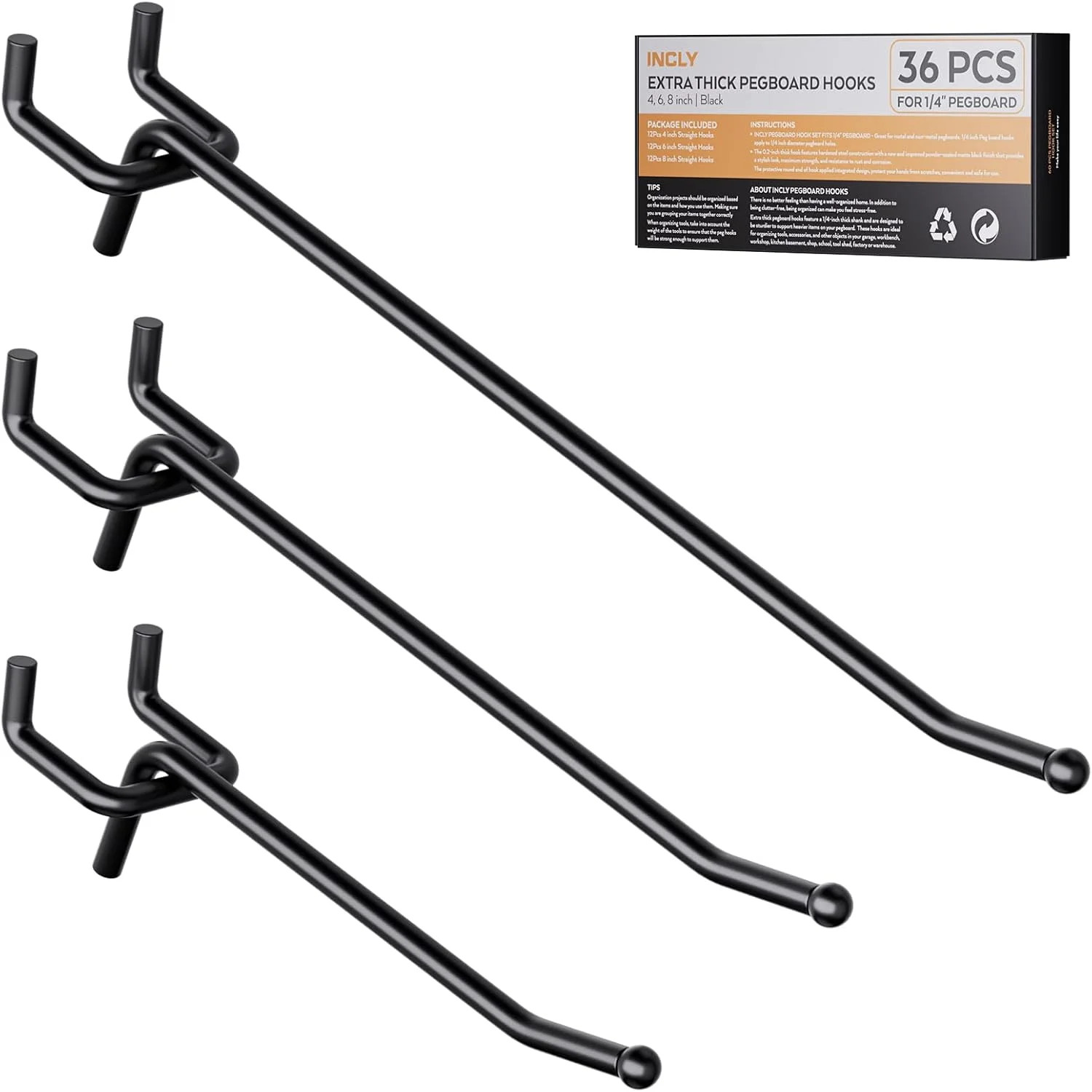 INCLY 36 Pack 4/6/8 Inch Black Pegboard Hooks, 1/4" Heavy Duty Peg Board Shelvin