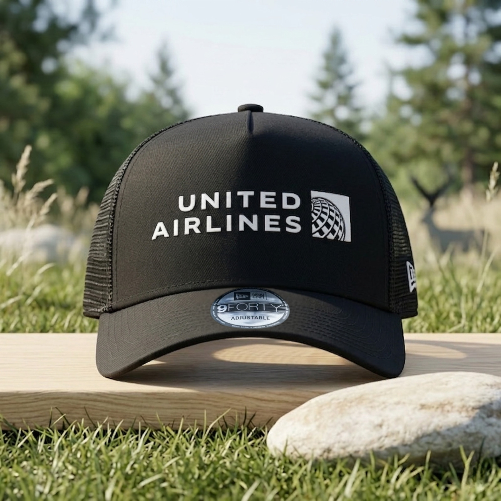 United Airlines Embroidered Logo Trucker Hat Black Mesh Back Adjustable Cap