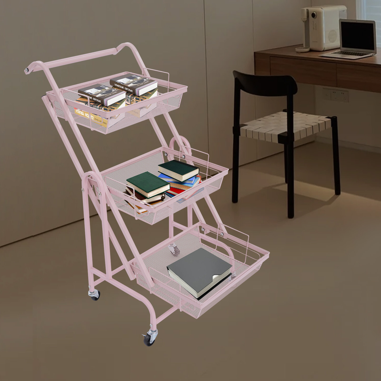 3-Tier Adjustable Metal Rolling Utility Cart, Movable Storage Cart for Kitchen