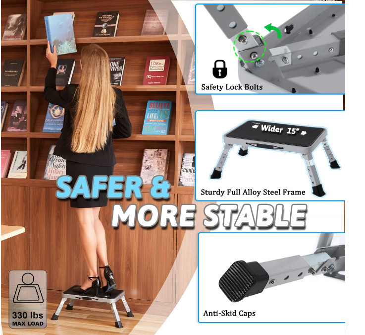 3 Levels Adjustable Folding Step Stools for Adults, Sturdy Metal RV Step Stool,