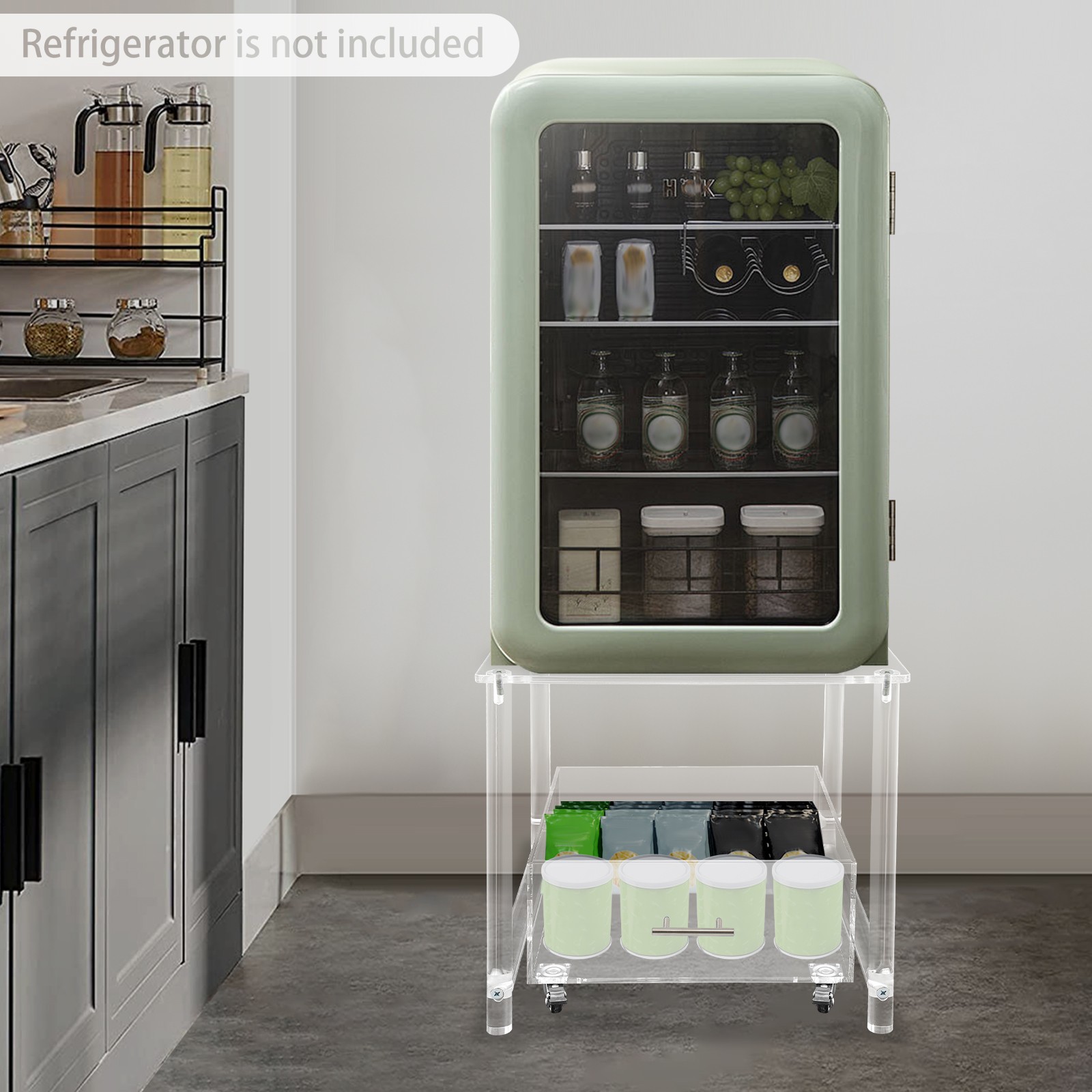 2 Tiers Mini Fridge Stand With Storage Drawer Acrylic Utility Cart With Handle