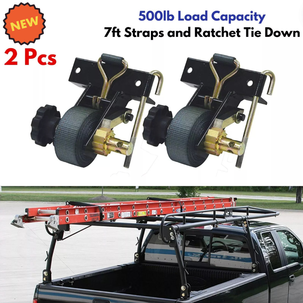2pk Ratchet Tie Down w Straps for Square Tube Ladder Racks Pickup Truck Trailer