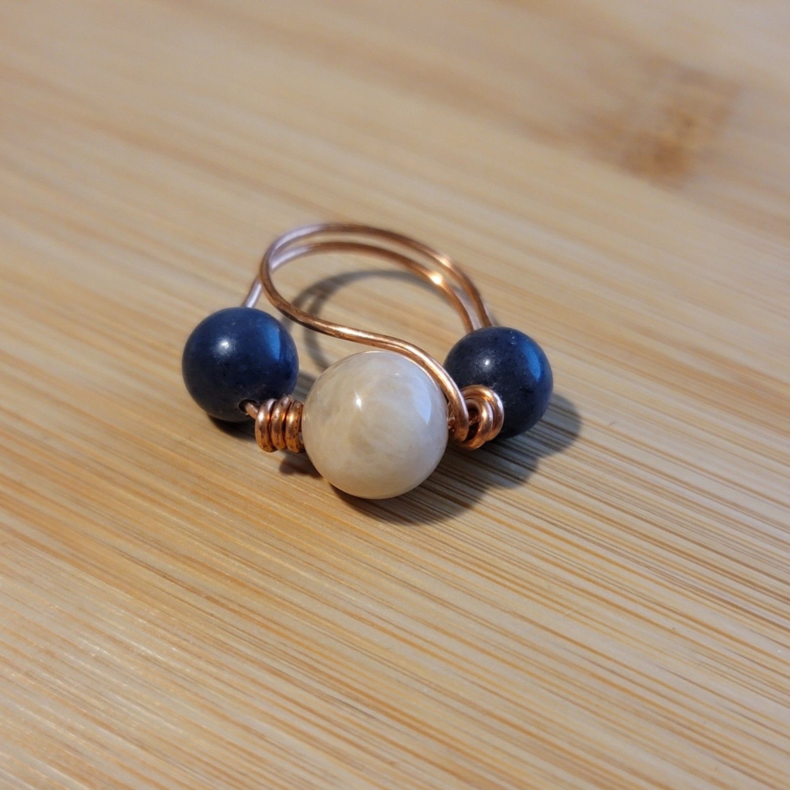 Handmade Sunstone and Blue Aventurine Copper Wire Wrapped Ring