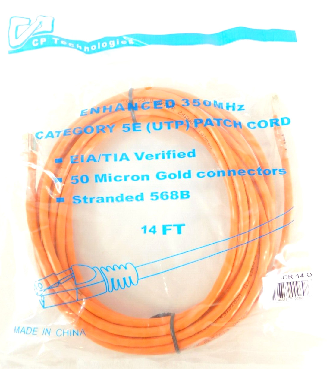 Cat5e Patch Cord 4-Pair 50 Micron Gold Connector Non-Booted - Orange - 14 Feet