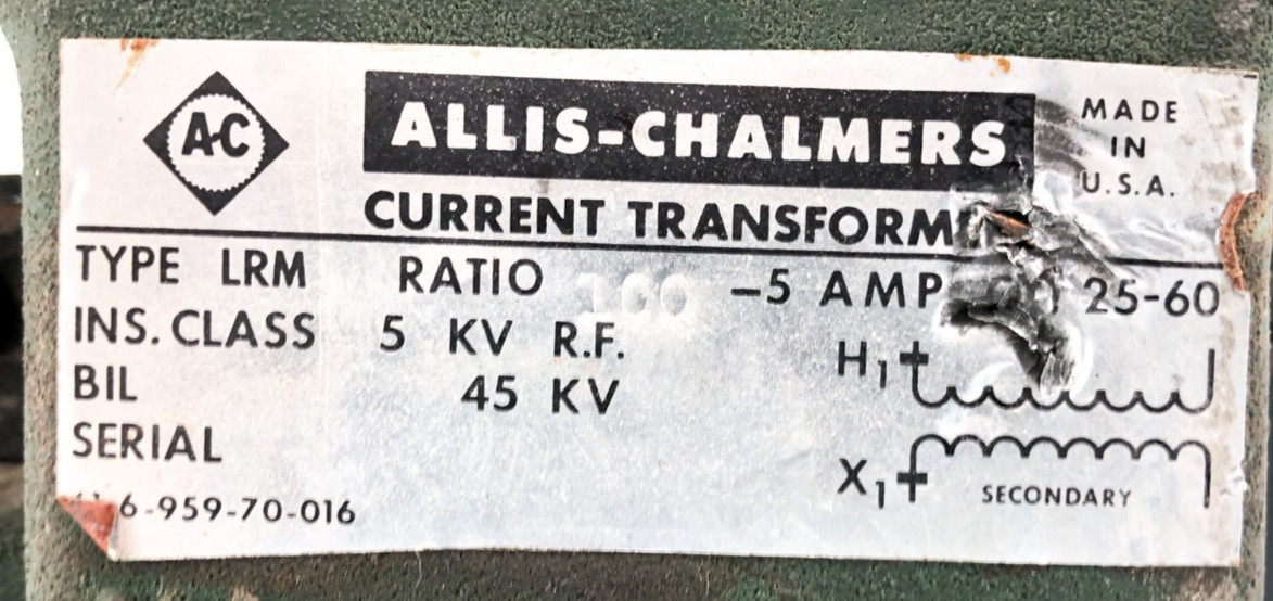 Allis-Chalmers Type LRM Current Transformer 100:5 Amp CY. 25-60