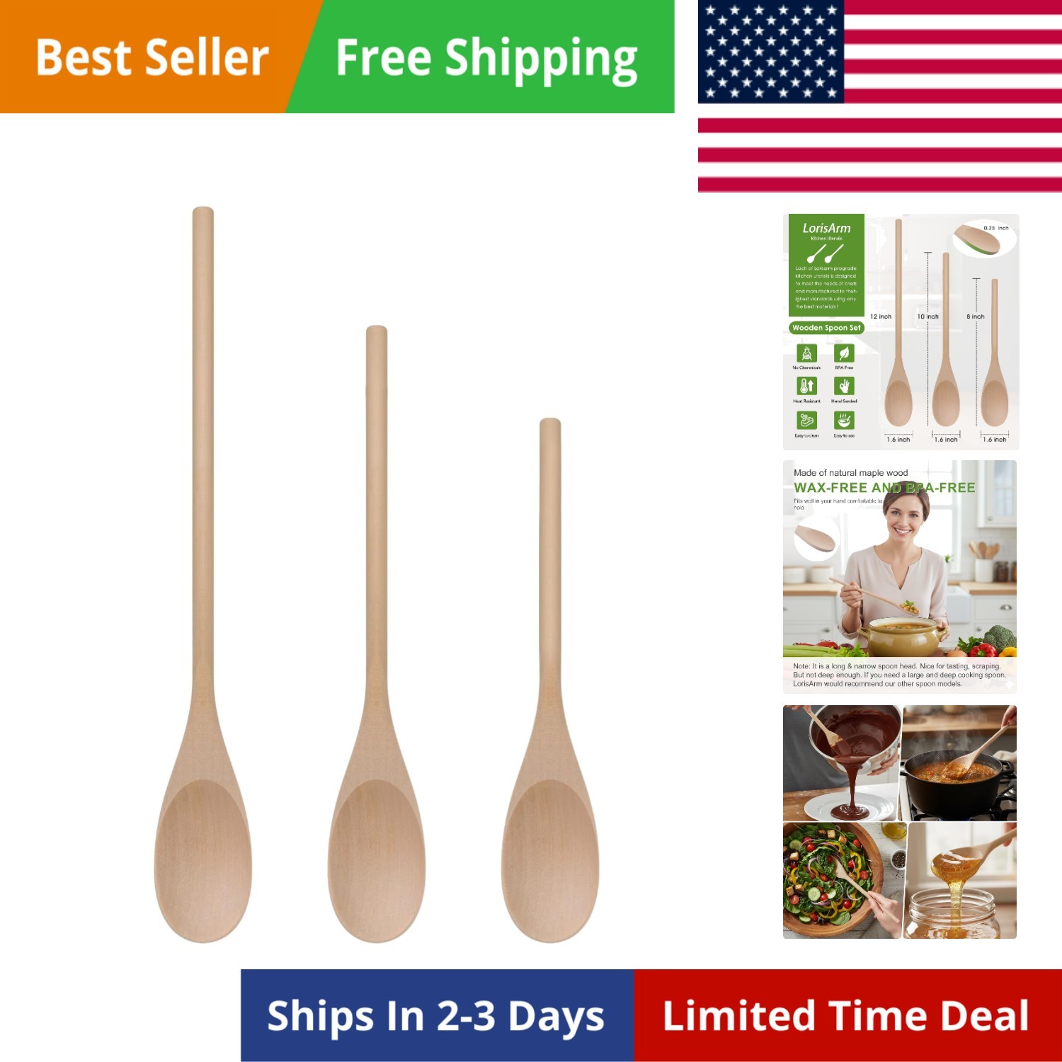 3PCS Wooden Spoons for Cooking, 12" 10" 8" Long Handle Mixing Spoons for Baking