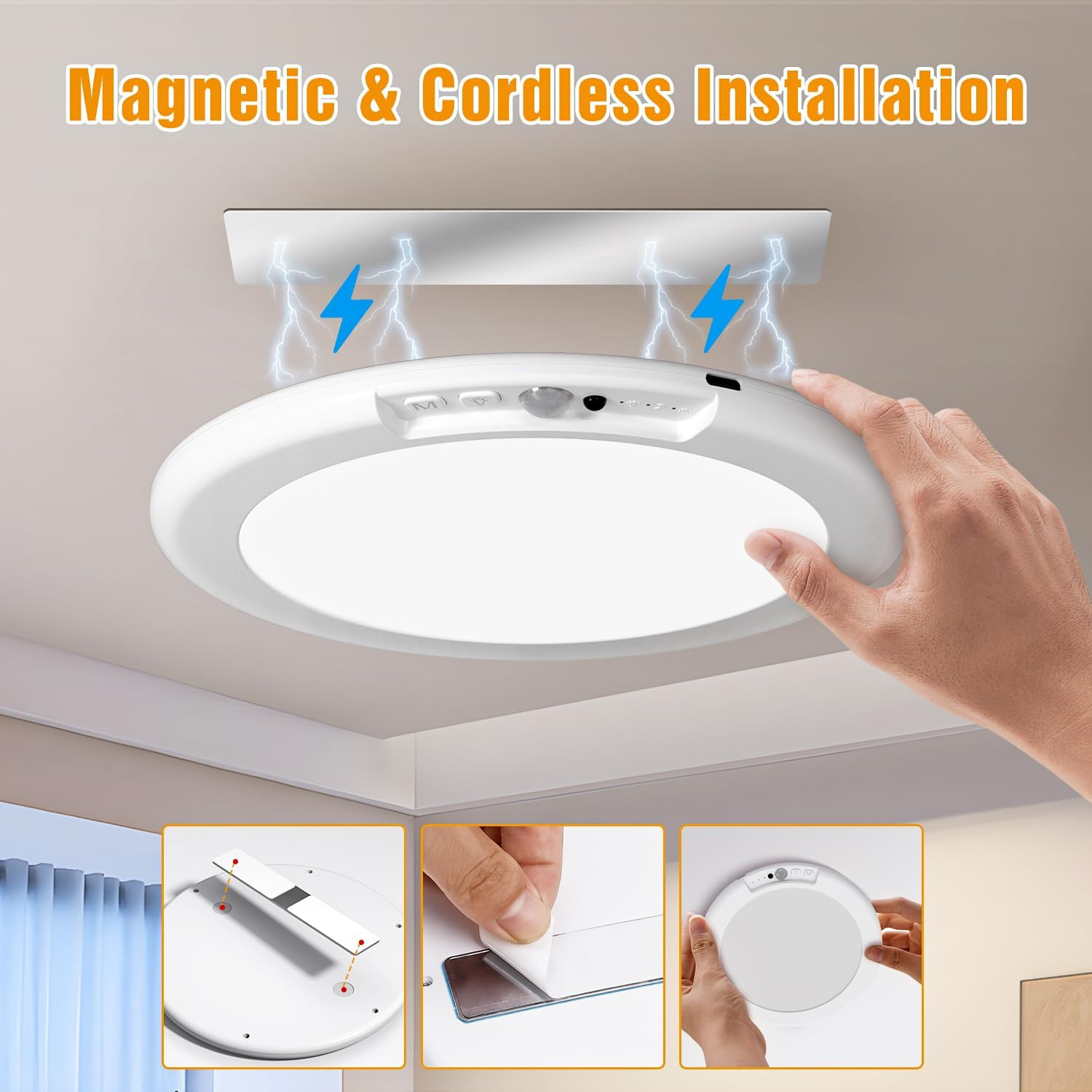 2 Pack Rechargeable Motion Sensor Closet Light, Wireless Ceiling Light Battery O