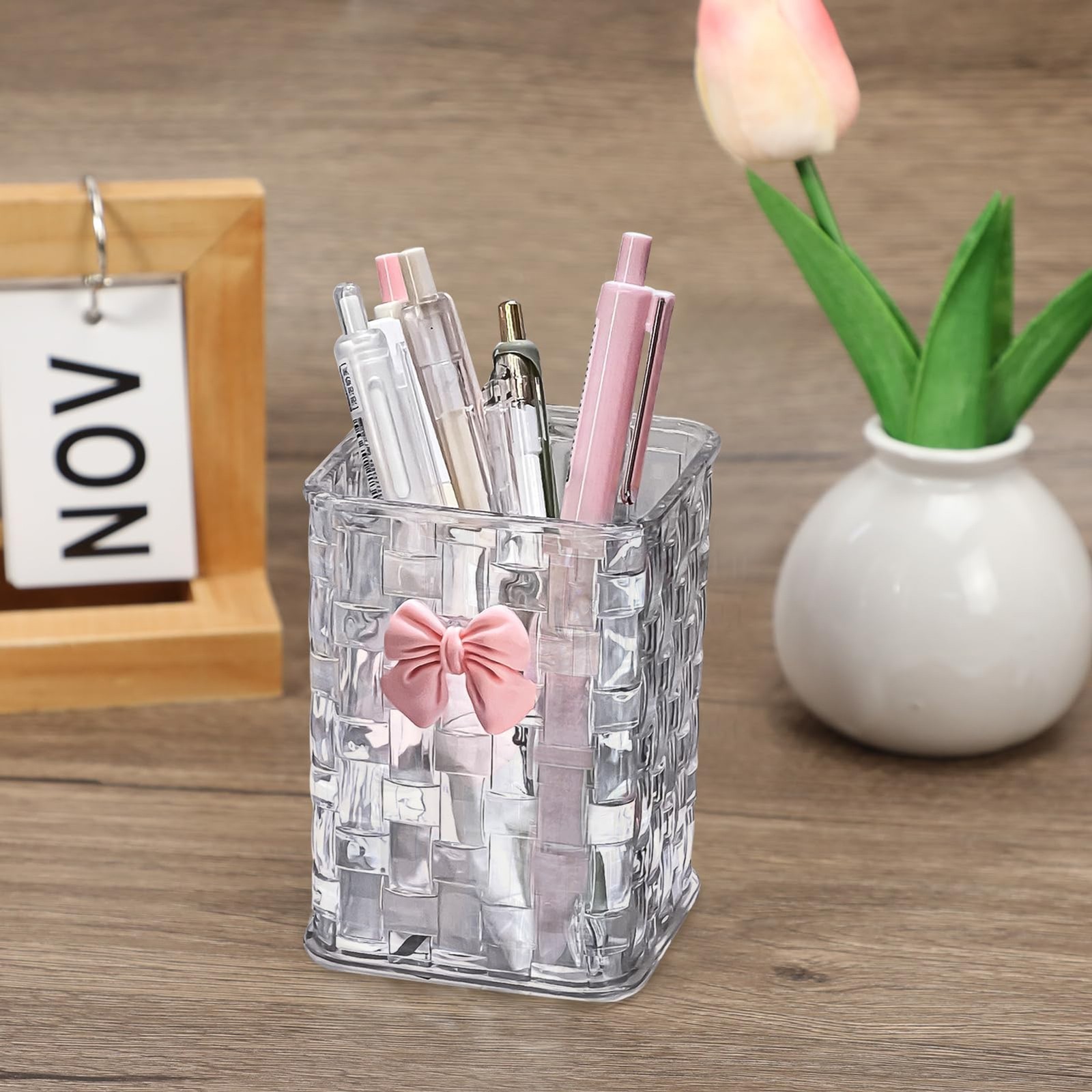 Clear Acrylic Pen Holder Desk Organizer Makeup Brush Cup Cute Bow Office School