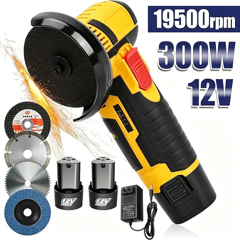 12V Cordless Rechargeable Li-ion Mini Angle Grinder, 2 Batteries, Cut/Grind Tool