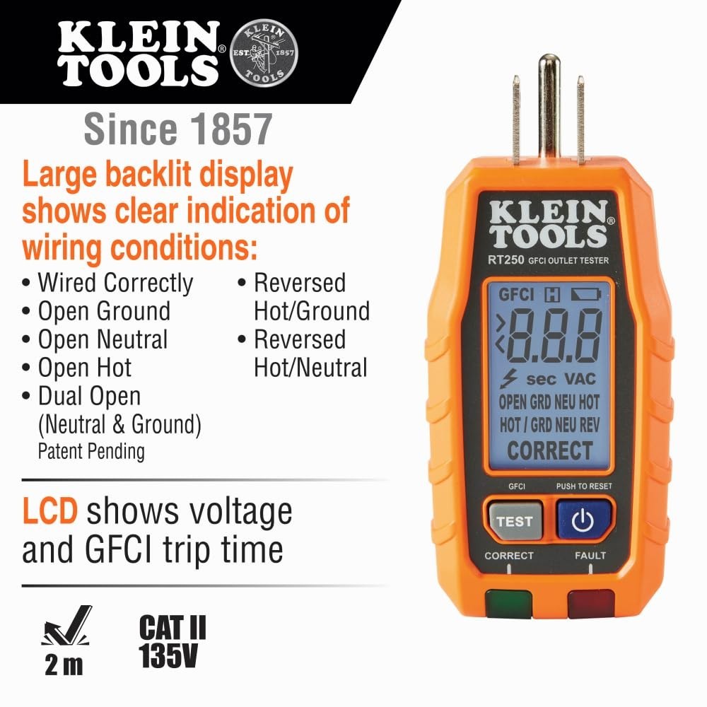 Klein Tools GFCI Outlet Tester with LCD & Fault Detection - 120V Voltage Reader
