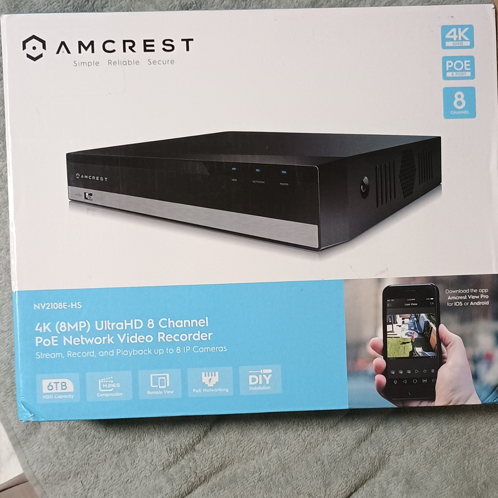 Amcrest NV2108E-HS 4K 8MP 8-Channel PoE NVR H.265. New. Open Box. 4 TB Storage.