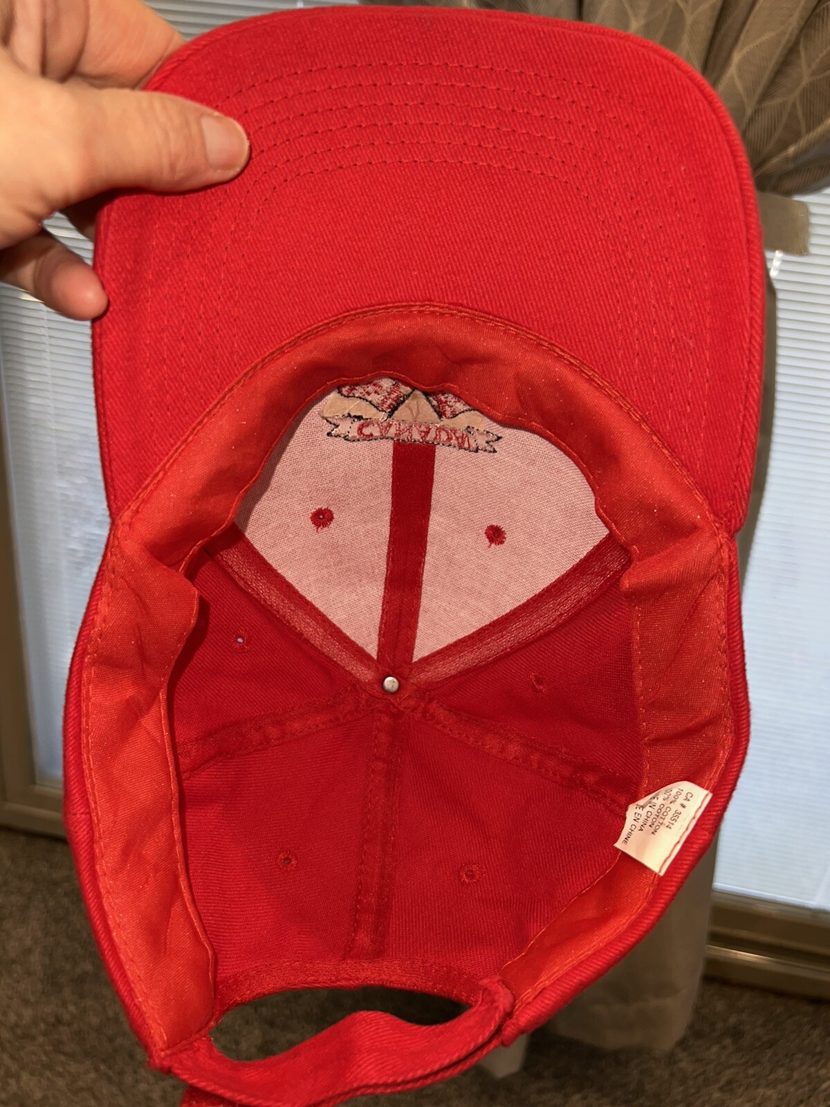 Red Canada hat Cap 2 Red/White Flags with Red Maple Leaves 100% Cotton EUC Adj