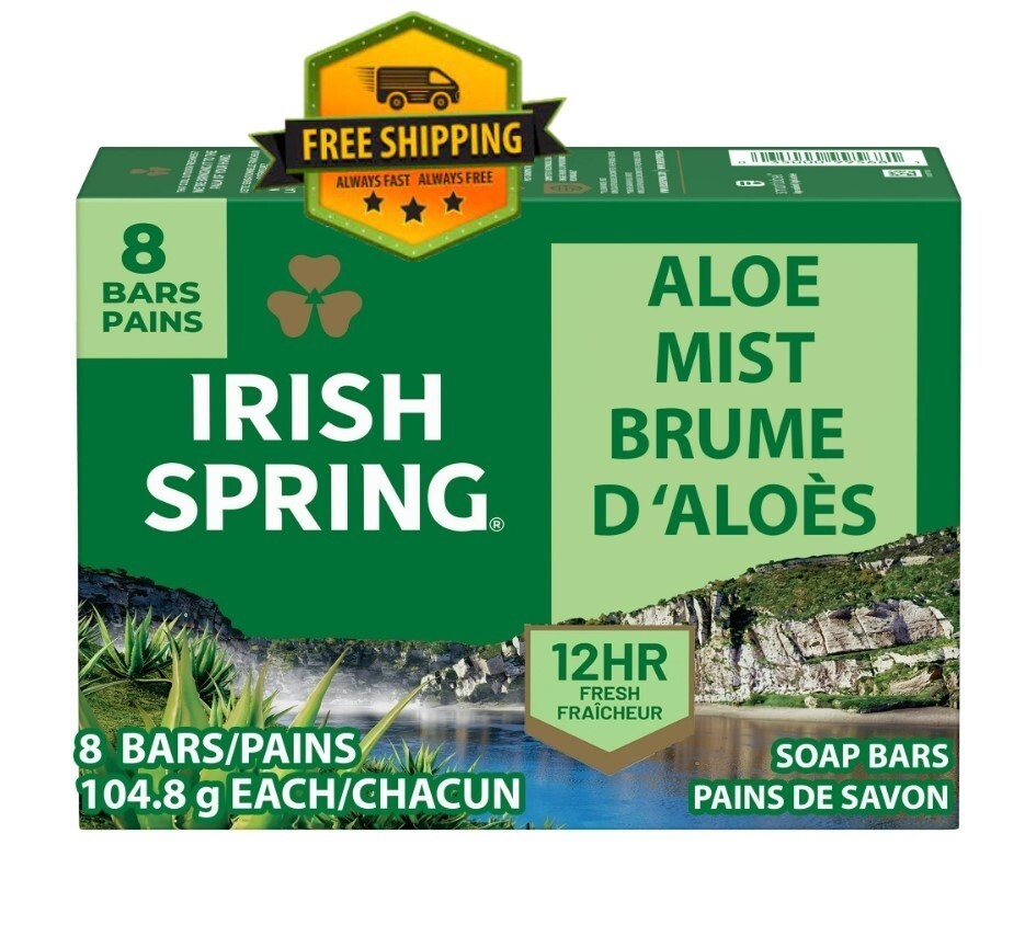 Irish Spring Aloe Mist Deodorant Bar Soap for Men – 8 Pack (3.7 oz Each)