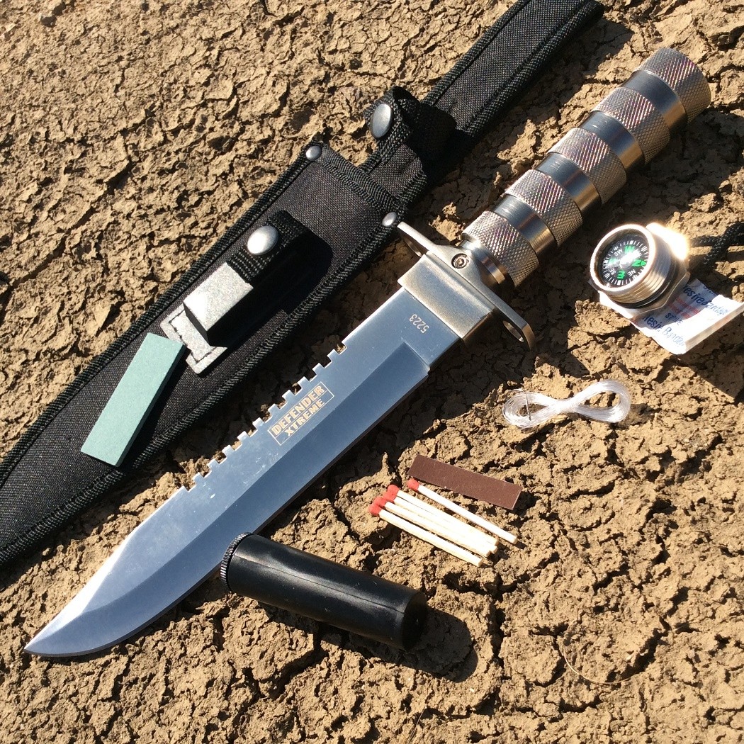 14"" Camping Stainless steel Hunting Knife Survival Fire Starter Kit Compass She
