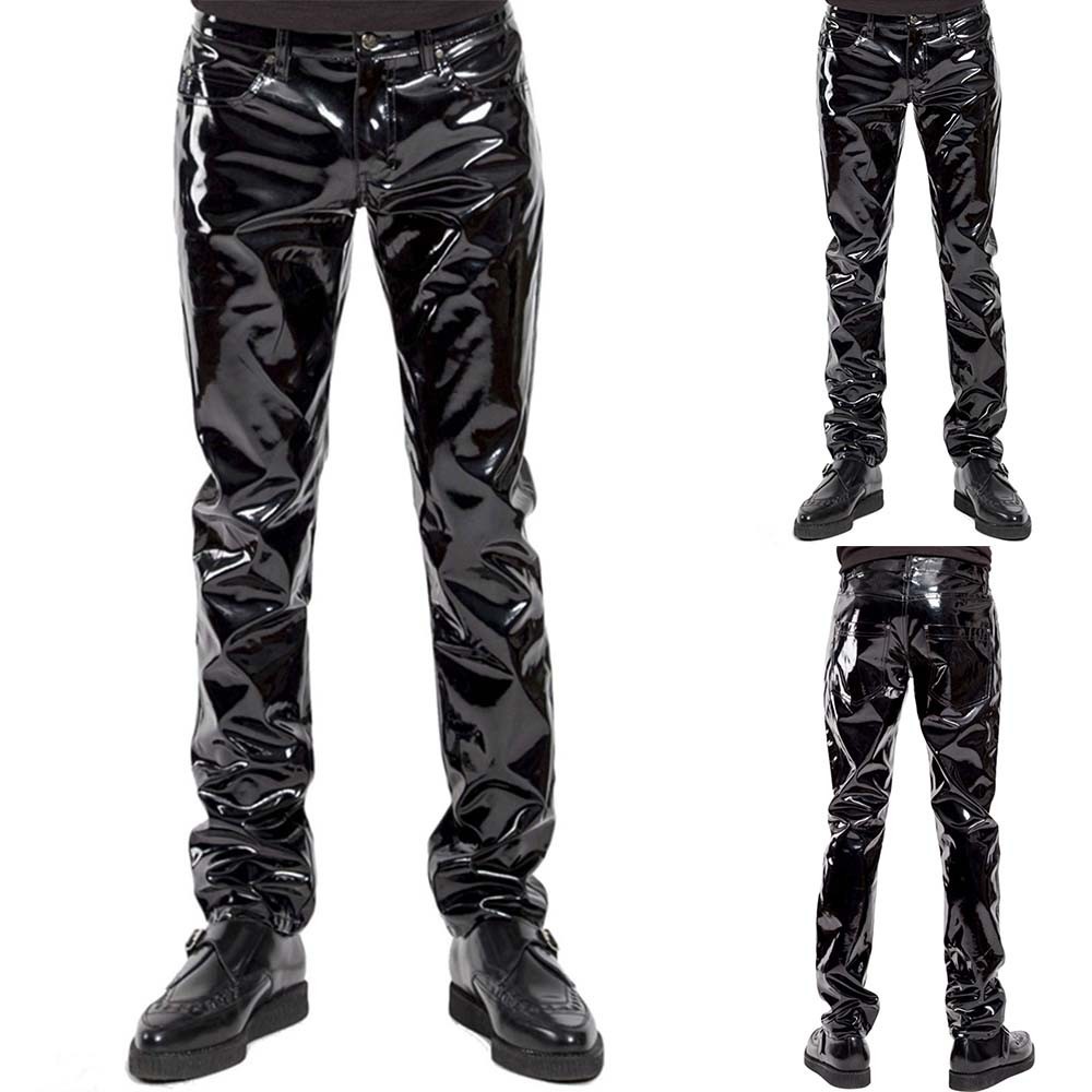 Men Faux Leather PVC Pants Trousers Long Shiny Clubwear Punk Gothic Black Pants
