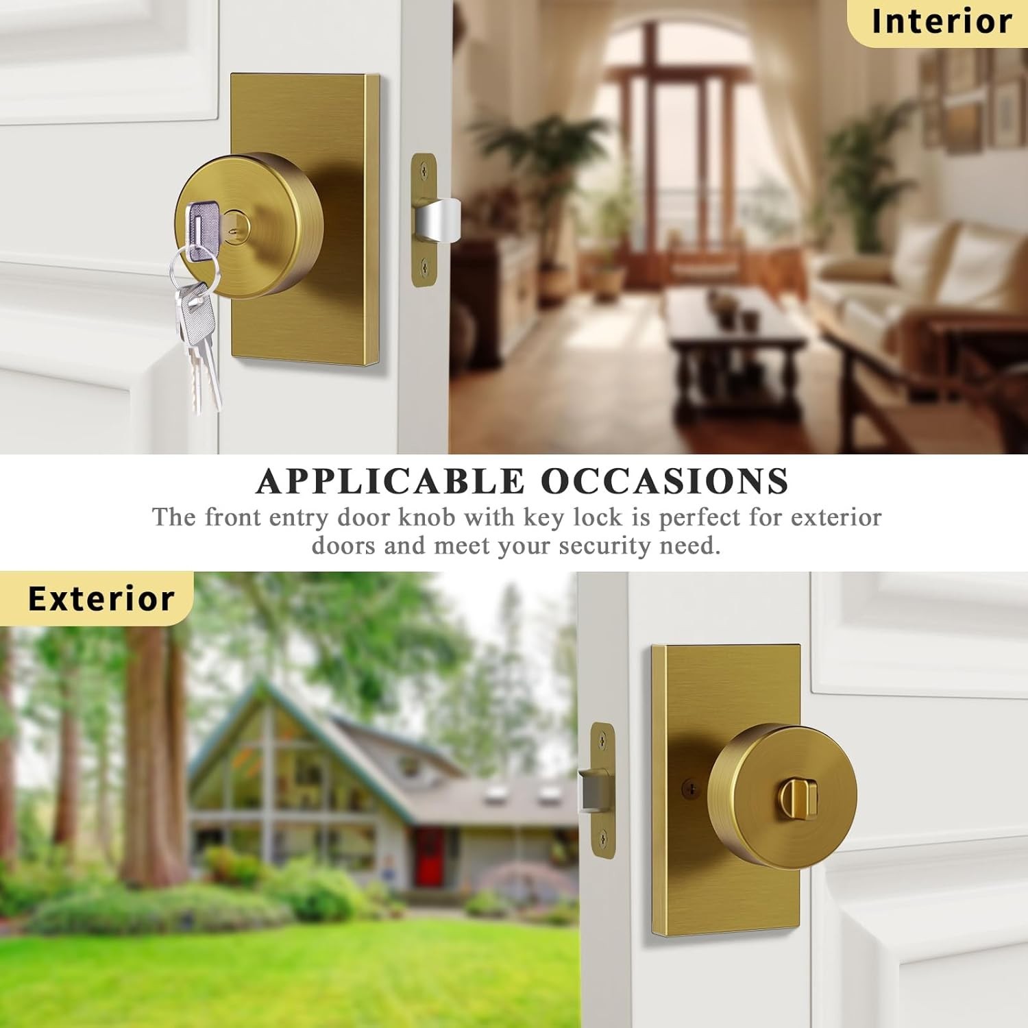 Front Door Door Lock w/ Key & 4 Matching Dummy Interior Door Knobs Antique Brass