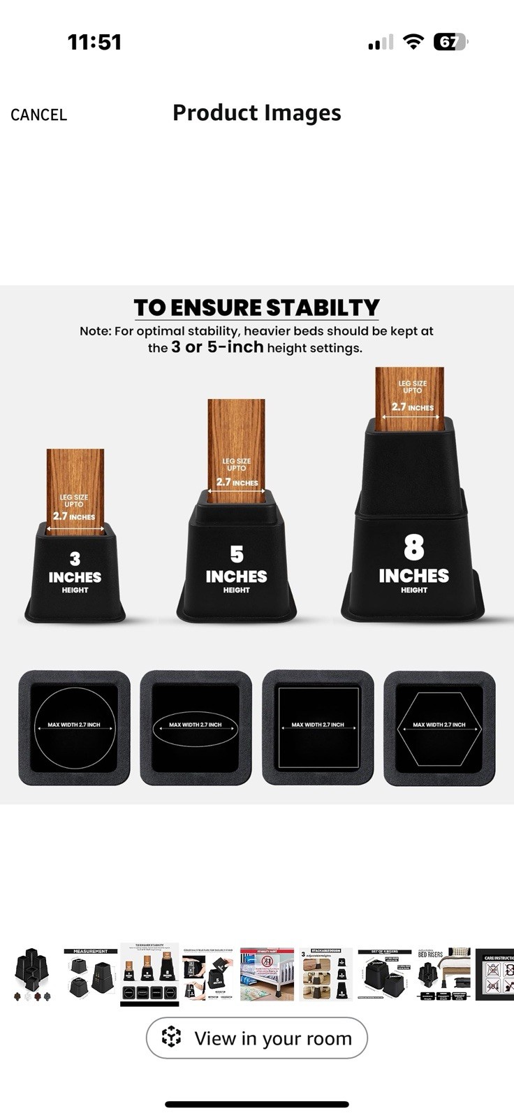 Adjustable Bed Risers Stackable Lift, 3, 5, 8 Inch Set Of 8