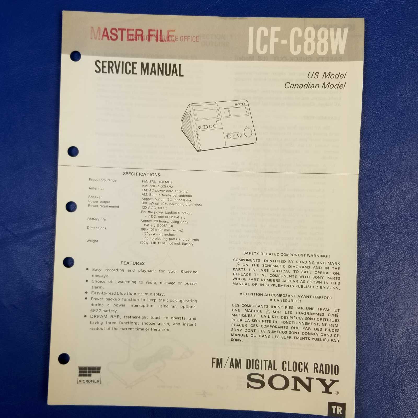 SONY ICF-C88W Service Manual Original Paper OEM Repair Guide - USA