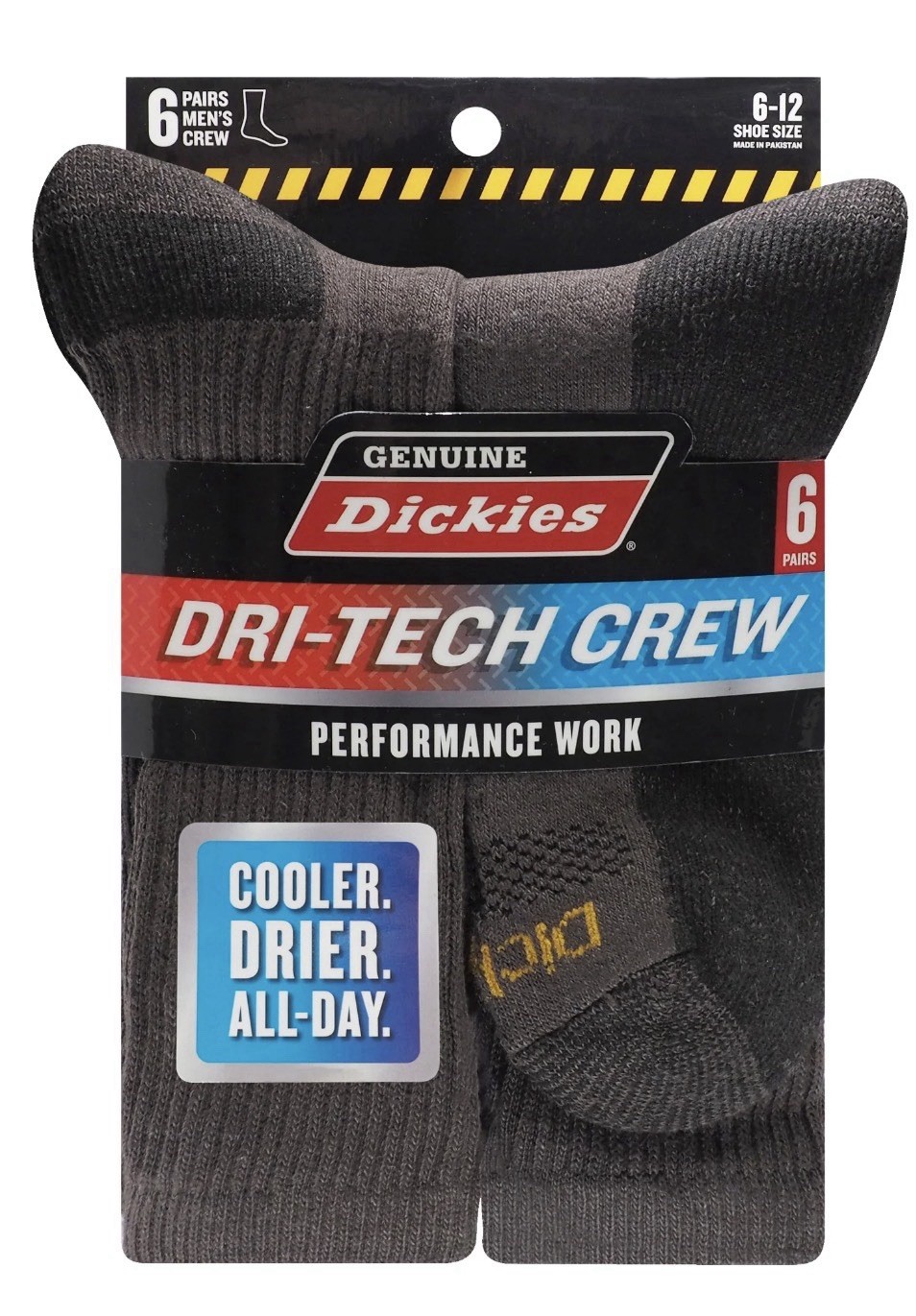 Dickies Men's Dri-Tech Crew Sock, 6 Pack Charcoal Size 6-12 - New Sealed
