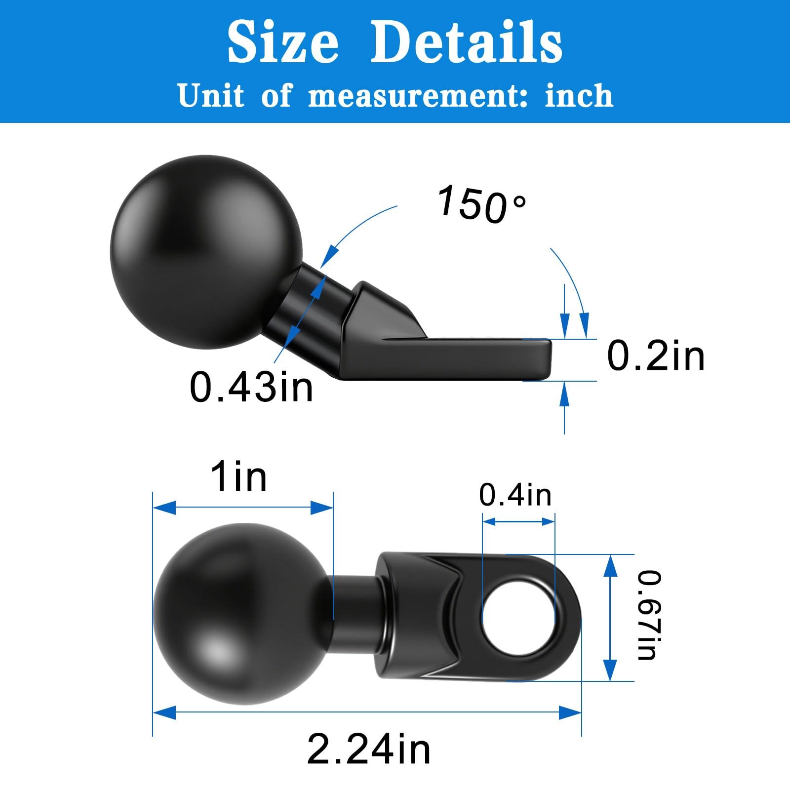 2 Pack Angled Bolt Head Adapter Ball Base with 1" and 10mm Black