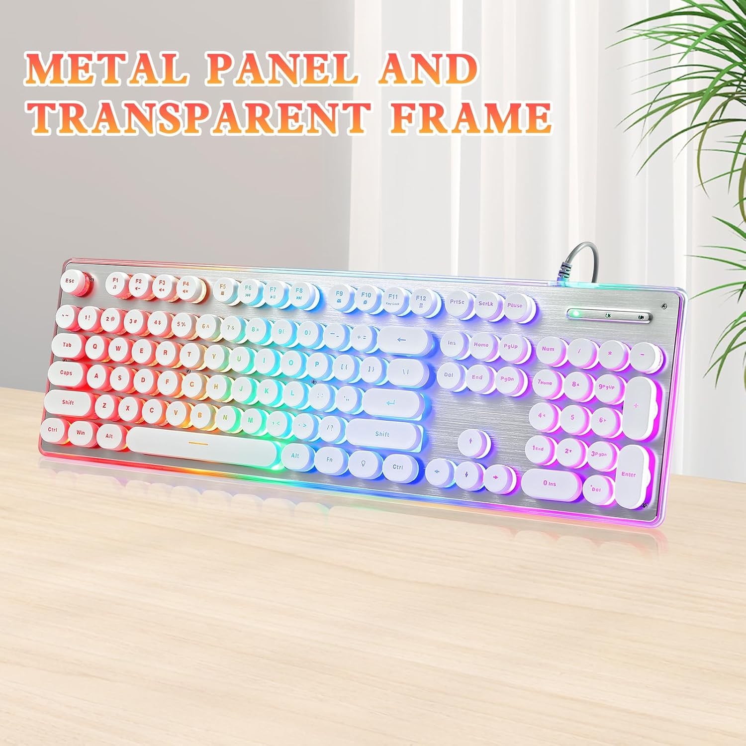 Typewriter Style Keyboard with Metal Panel, Rainbow LED Backlit, Round White