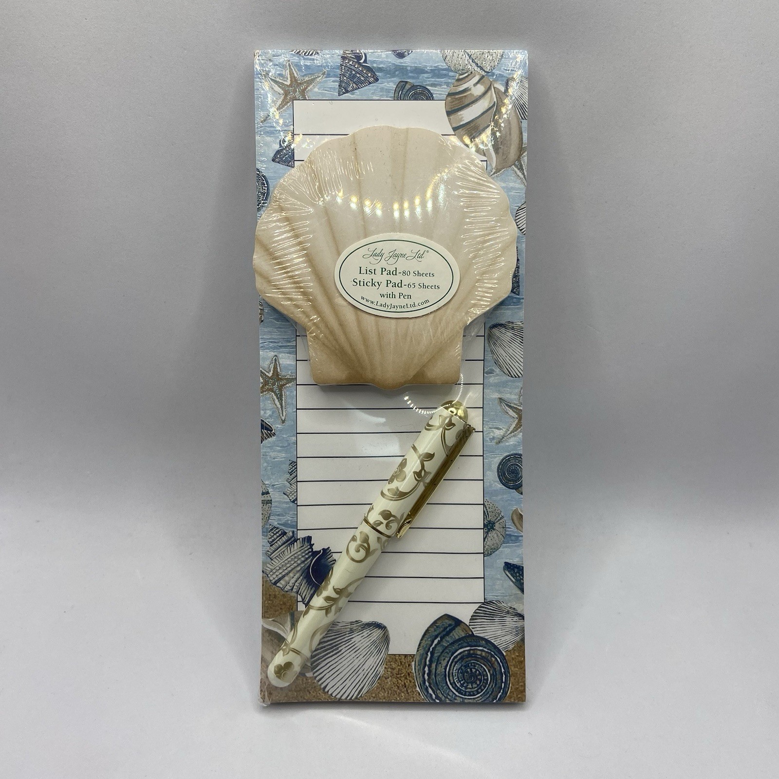Lady Jane LTD Magnetic Note Pad Ocean Seashells Beach & Gold Tone Pen Set New
