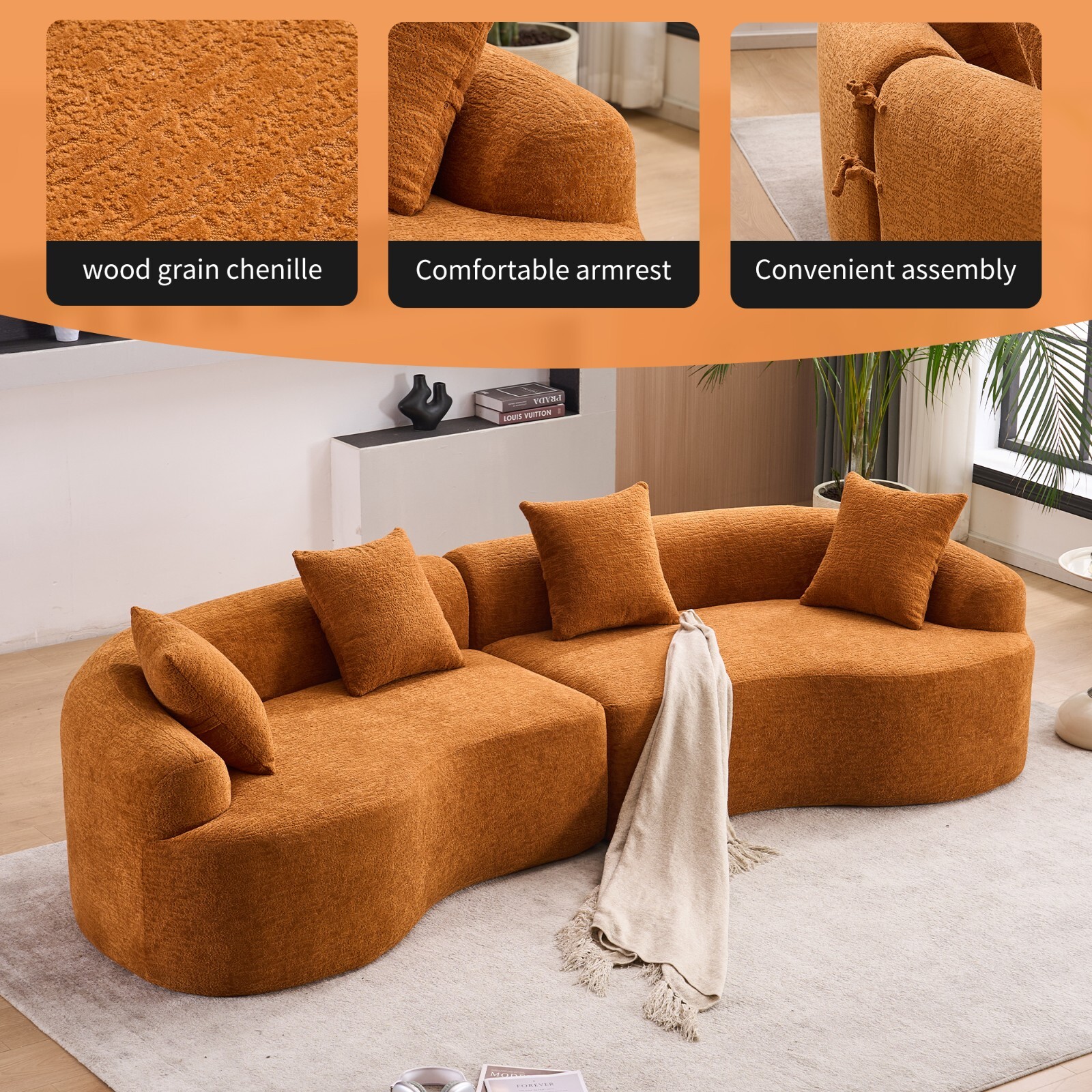 4-Seater Sectional Sofa Orange Chenille - w/4 Pillows, No Assembly, Pet Friendly
