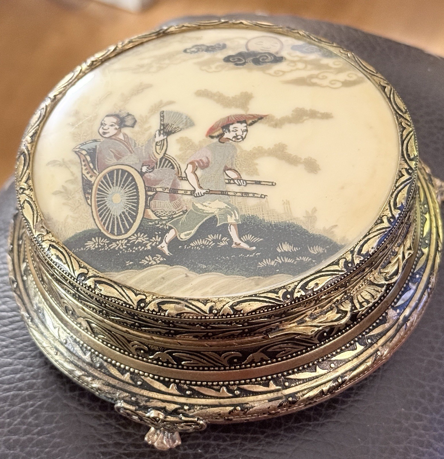 Vintage Gilt Vanity Footed Powder Box, Painted Asian Geisha Rickshaw Scene