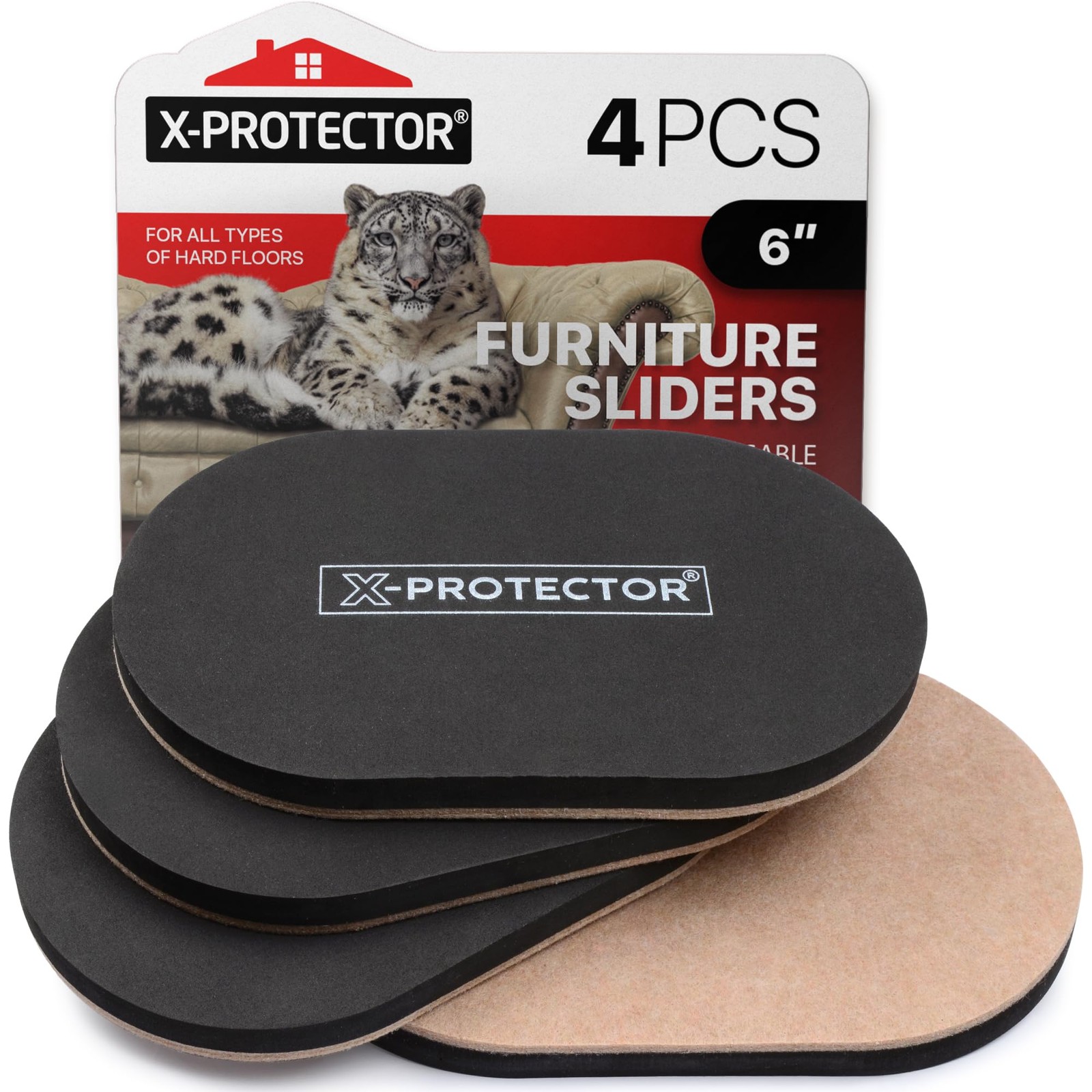X-Protector Felt Furniture Sliders Hardwood 6 inch x 3 1/2, Black / Beige