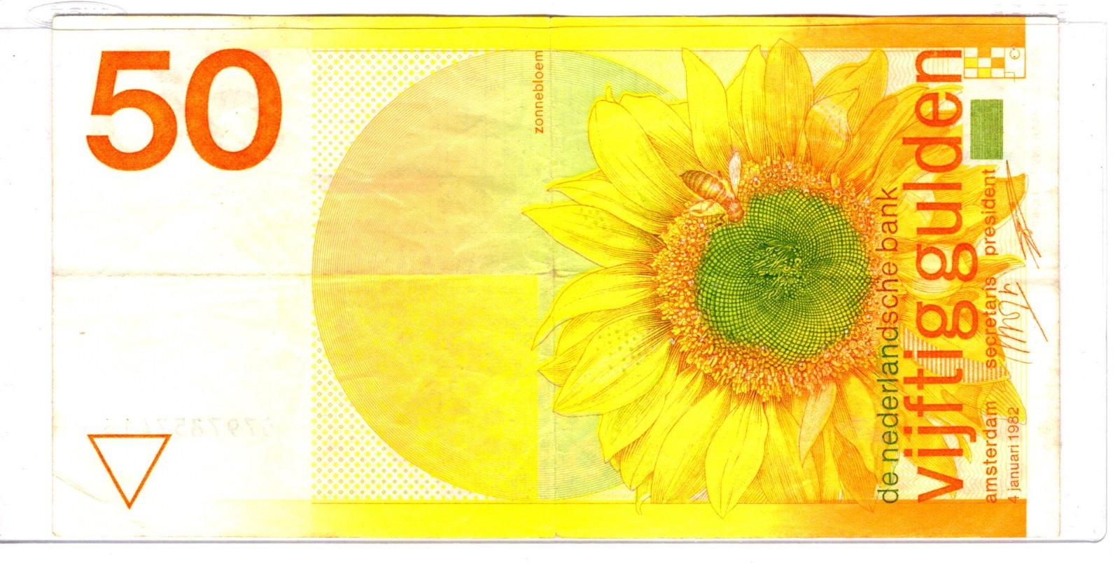 Netherlands 50 Gulden, 1982 P-96 Sunflower Bee Circulated 0797857416