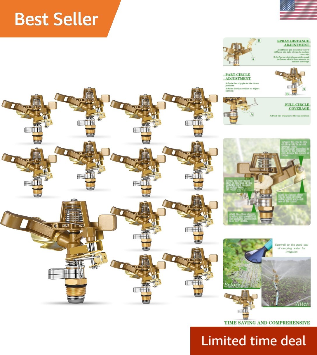 12-Piece Brass Impact Sprinkler Set with Adjustable 0-360° for Garden Irrigation