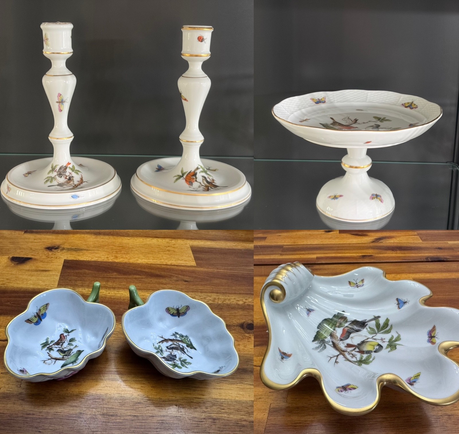 Herend Rothschild Bird Assorted Porcelain Pieces Shell Leaf Dishes Candlesticks