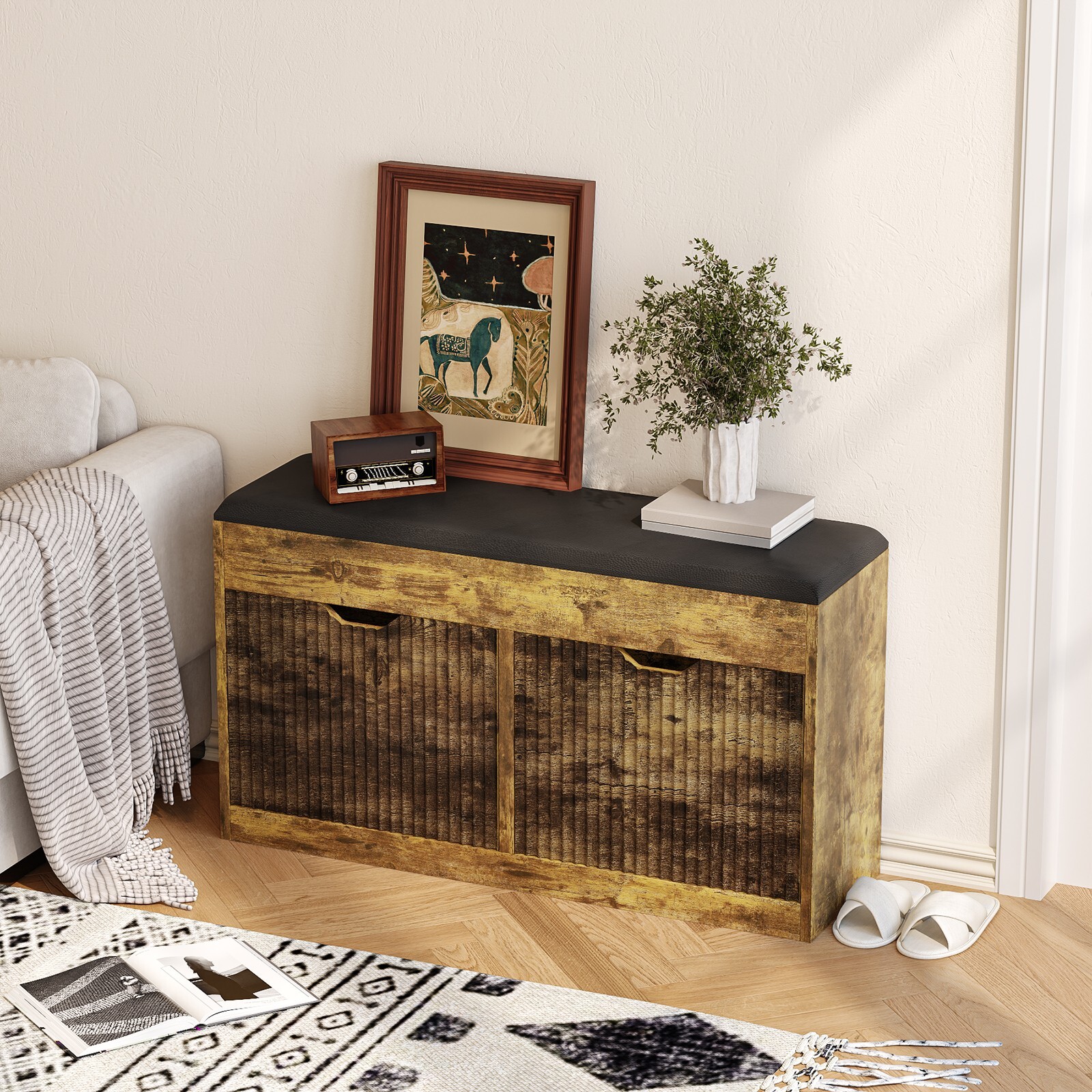 Shoe Rack Bench with Cushioned Seat 2 Flip Drawers Storage Hidden Compartments