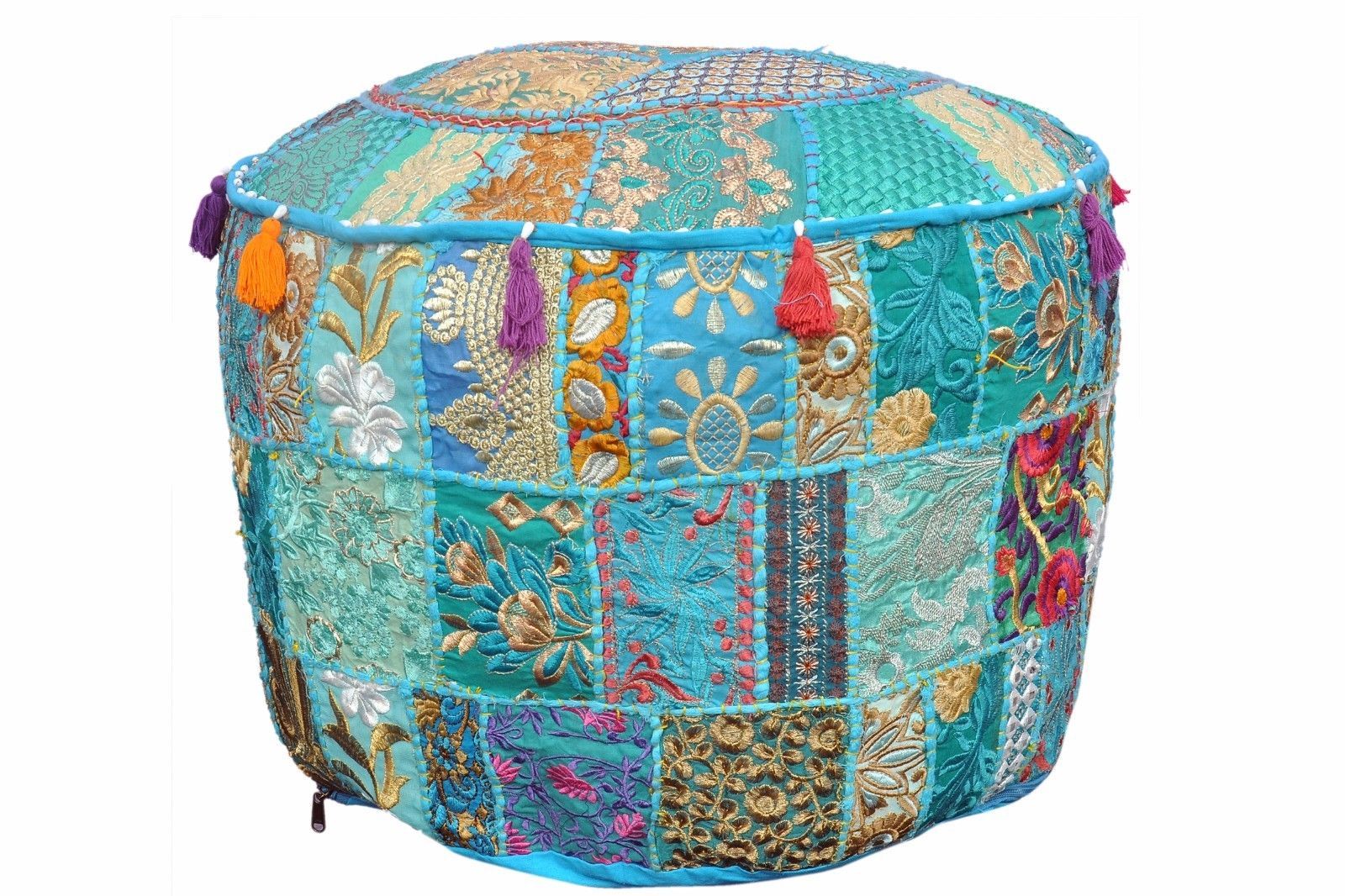 22" Indian Ottoman Pouf Round Floor Footstool Cover Patchwork Cotton Pouf Cover
