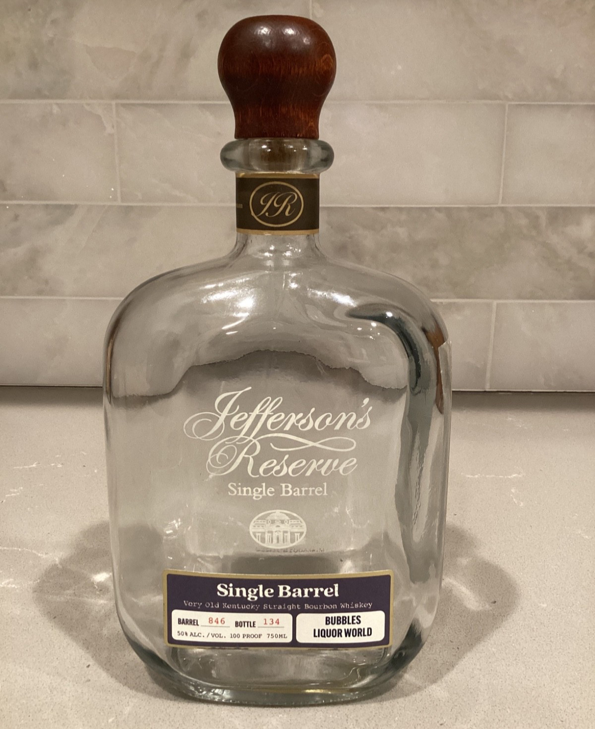 Jefferson’s Reserve Single Barrel Bourbon Bottle Empty Unrinsed #846 Bubbles