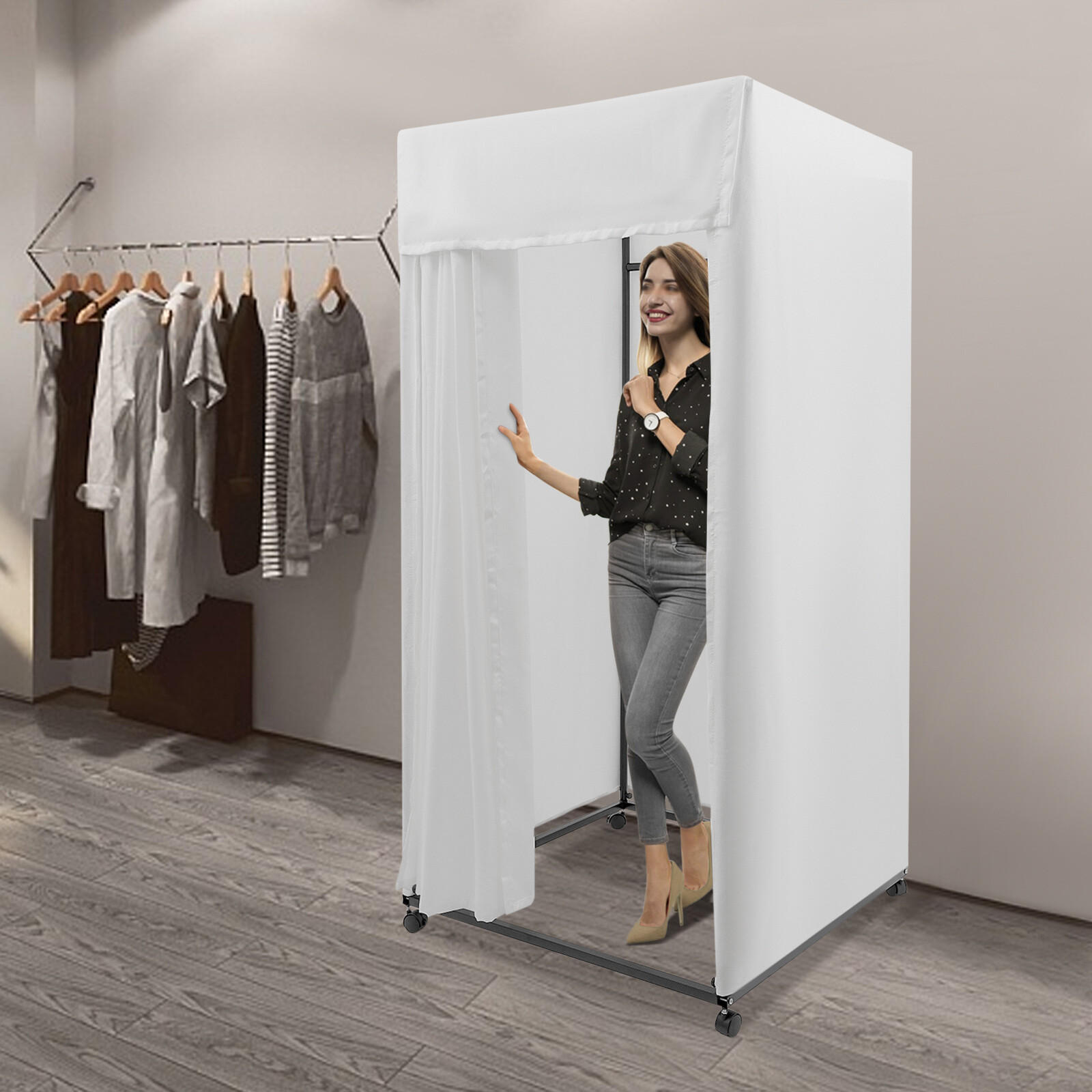4-Wheels Portable Rectangular Dressing Room Freestanding Fitting Room Movable