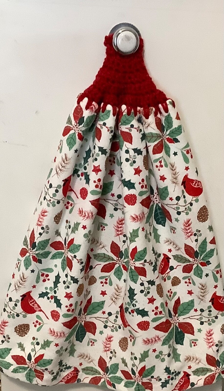 Double cream hanging kitchen towel Xmas trees crocheted red top