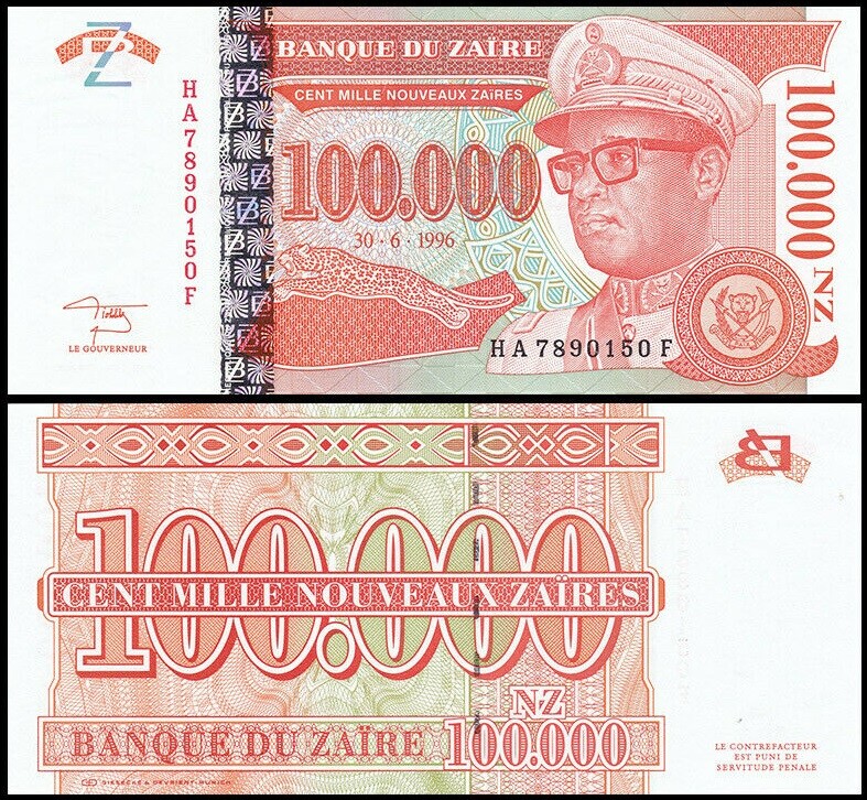 ZAIRE 100,000 NOUVEAUX ZAIRES 1996 UNC HA-F,PRESIDENT MOBUTU IN MILITARY DRESS,A