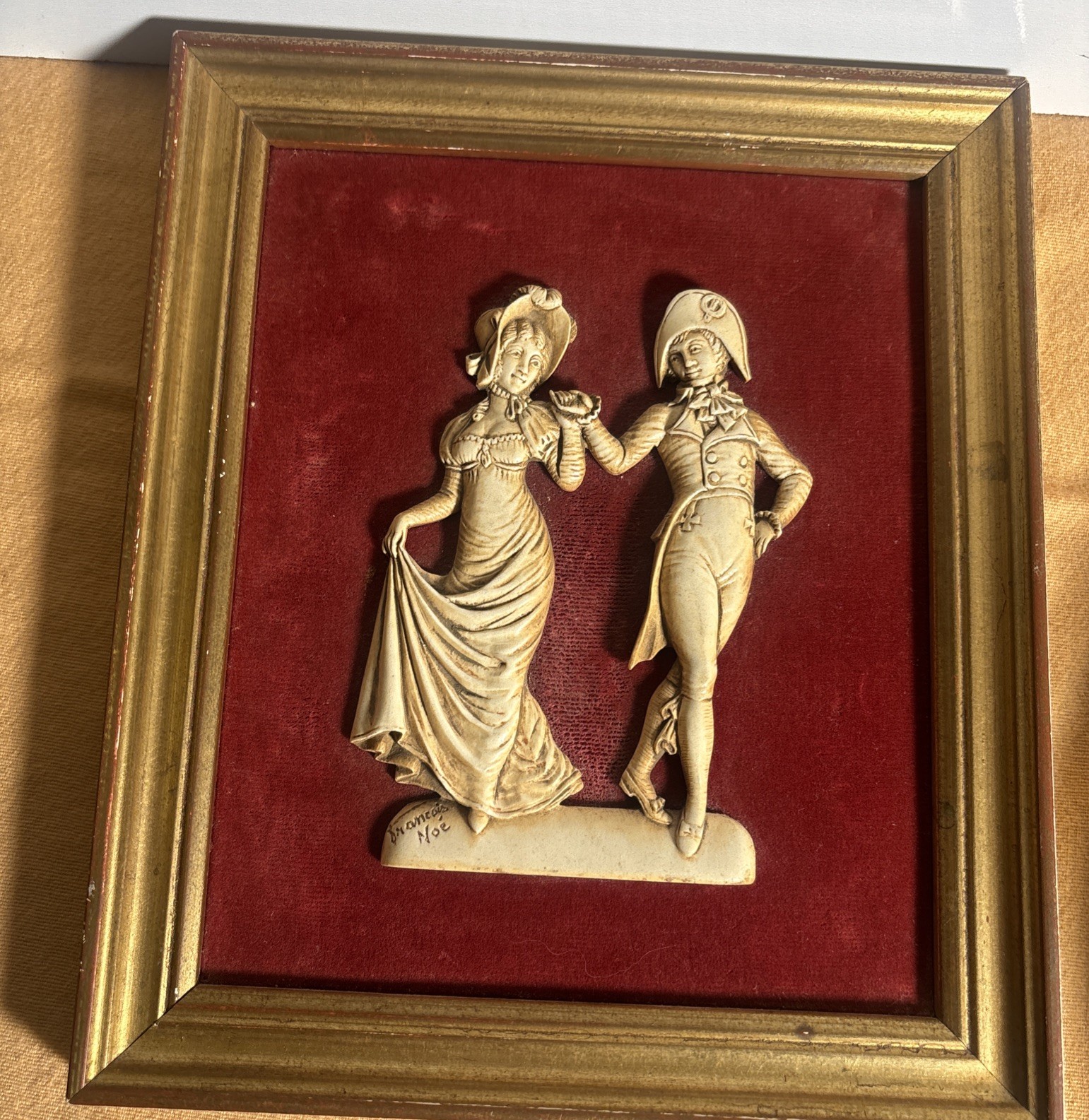 1960's Gilded Frame Icoryl on Velvet Faux Ivory Sculpture Couple by Francois Noe