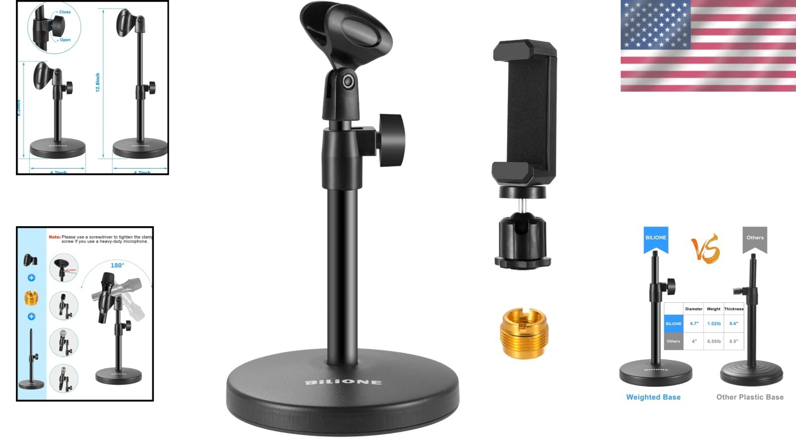Versatile 3-in-1 Microphone Stand and Cell Phone Holder - Easy Height Adjustment