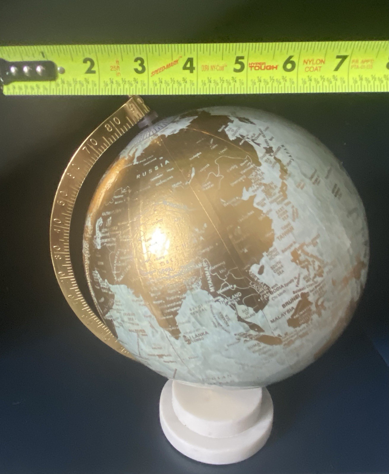 Gold ,Light Blue and White Decorative Globe with Marble Base, Rotating, 8"