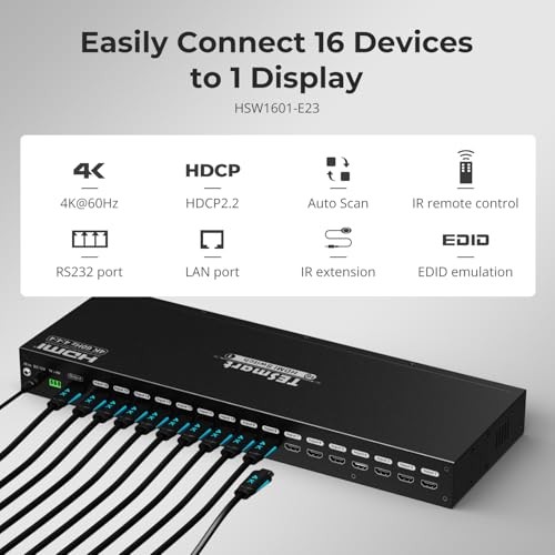 16×1 HDMI Switch 16 in 1 Out 4K HDMI Switcher HDMI Switch 16 ports 4K@60Hz