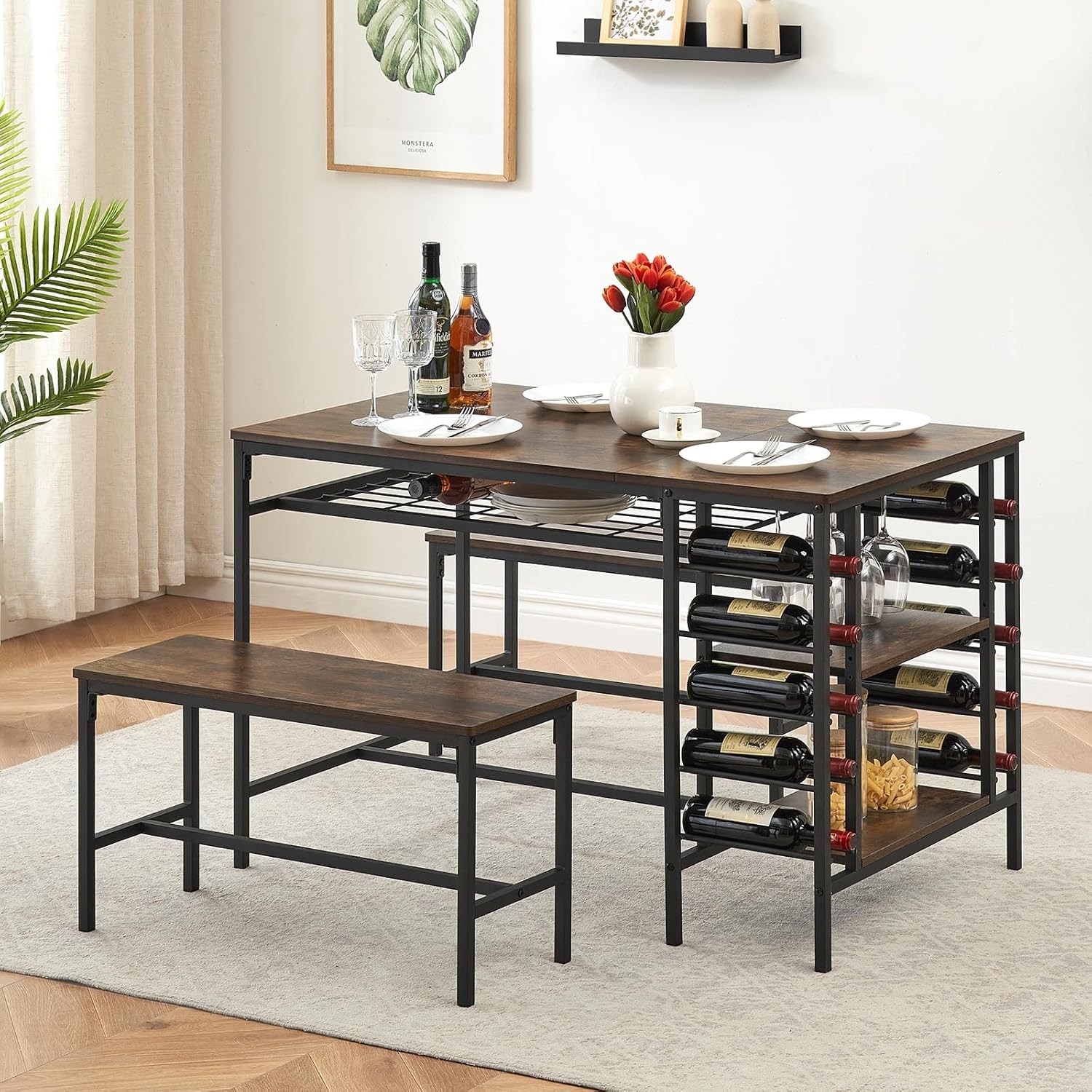 Dining Table Set 4 Kitchen Table Set 4 W/ 2 Benches 3 Piece Dining Room Table
