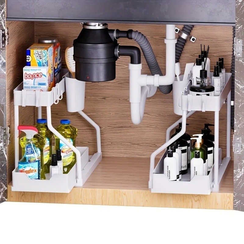 2PC Pull Out Under Sink Organizer 2 Tier Kitchen Bathroom Storage Shelf