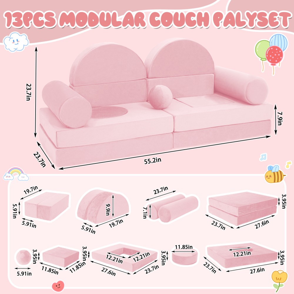 Modular Kids Play Couch 13PCS Foam Fort Convertible Sofa, Washable Velvet