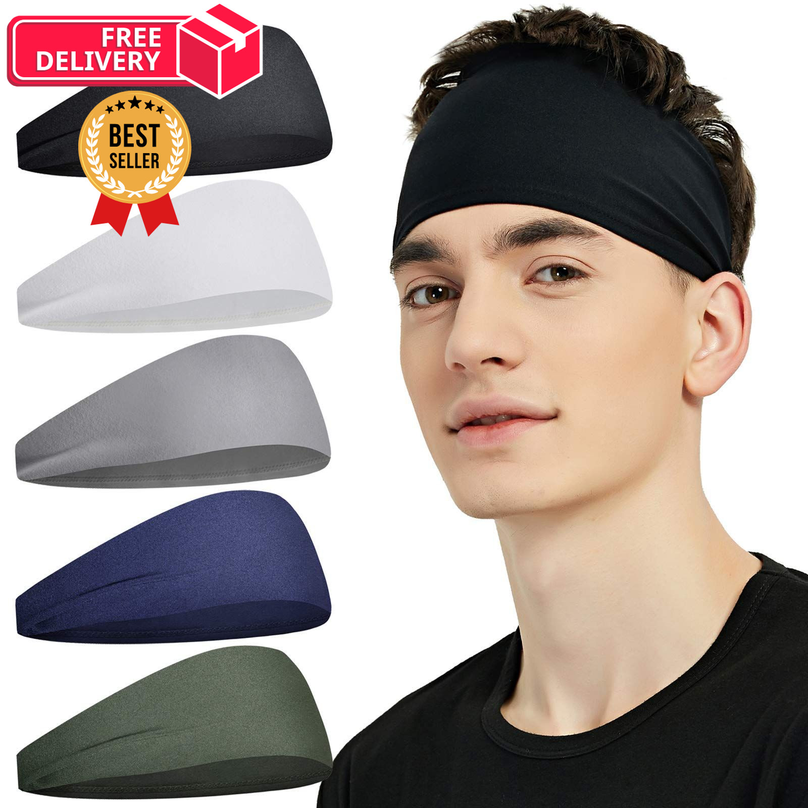 Pilamor Sports Headbands for Men (5 Gray, Green, White, Blue, Black