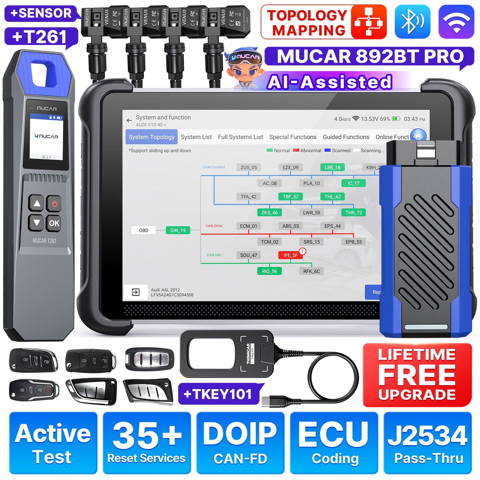 2026 MUCAR 892BT PRO Topology & J2534 OBD2 Scan Diagnostic Tool TPMS KEY Program