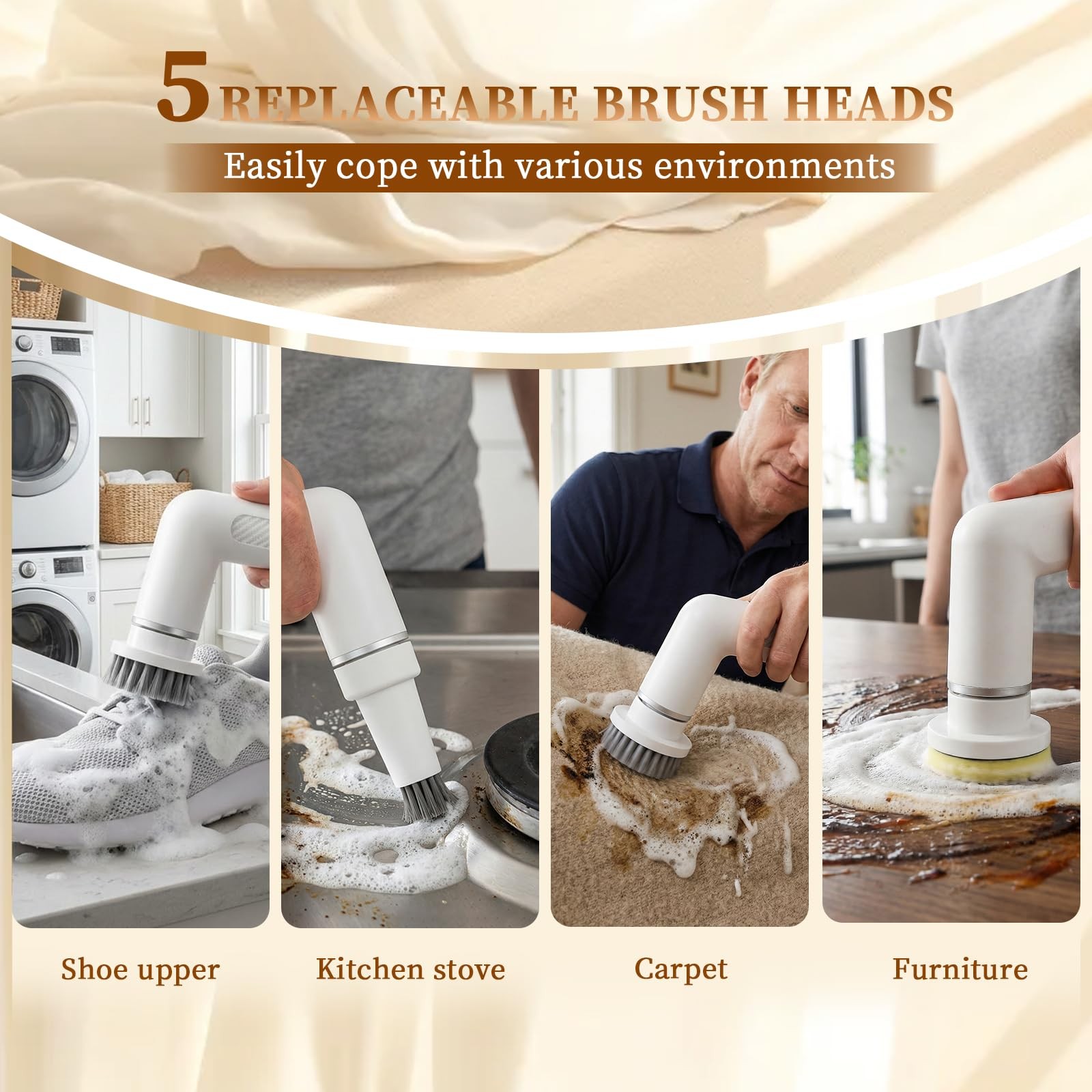 S3 Electric Spin Scrubber: Cordless Handheld Power Brush with 5 Interchangeab...